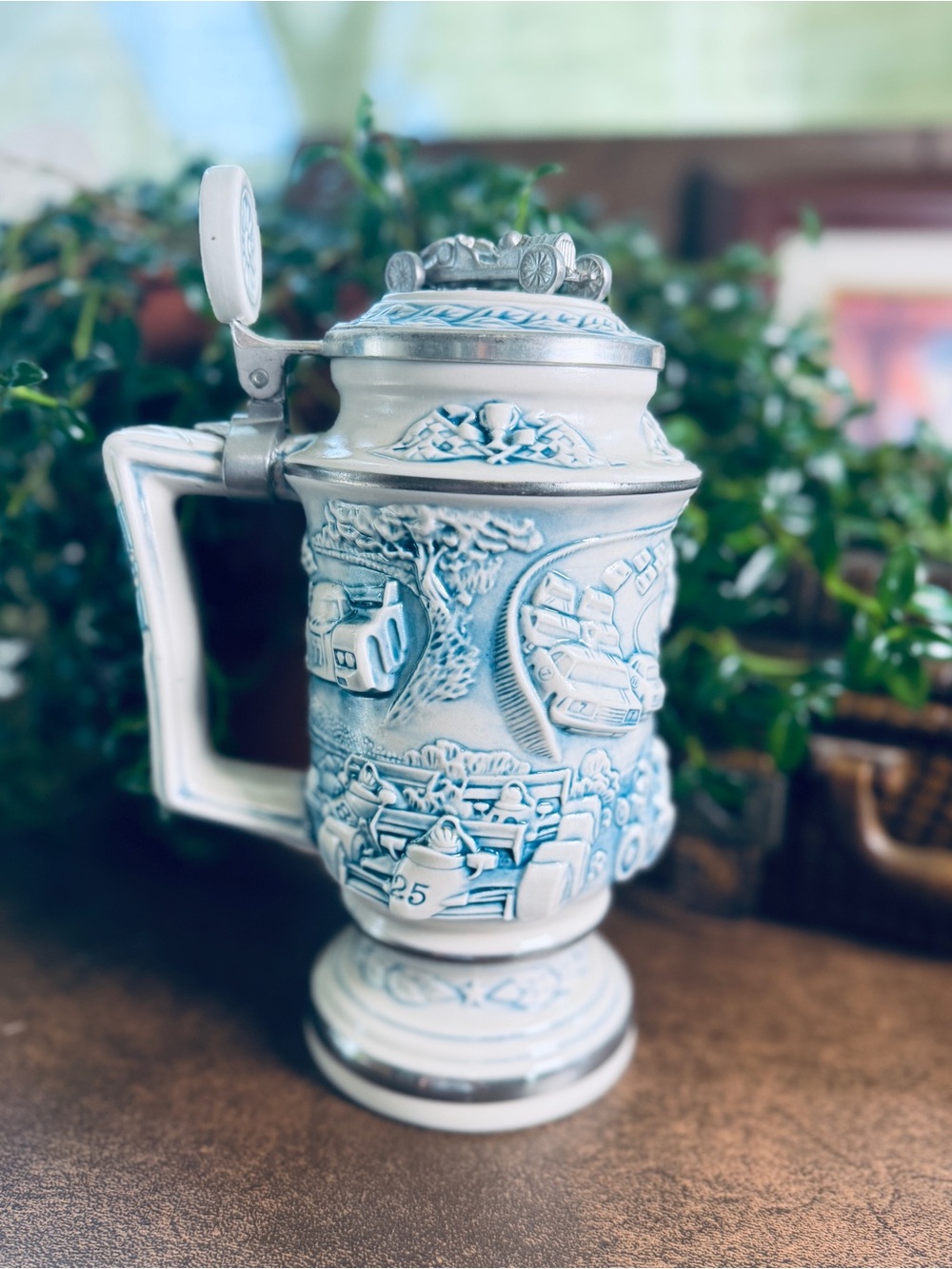 Avon Blue and Silver Ceramic Relief Stein